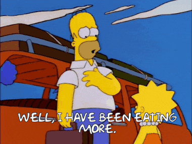 a cartoon of homer simpson and lisa simpson talking about eating more