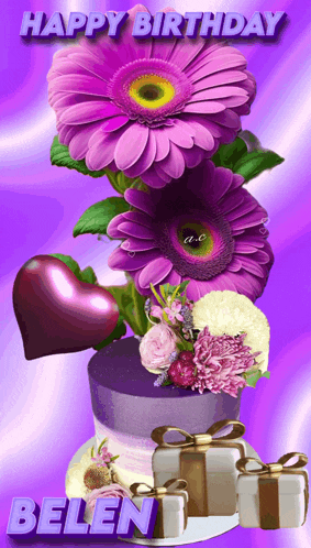 a happy birthday card for belen with purple flowers and presents