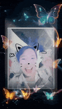 a picture of a girl with a cat ear and butterflies around her