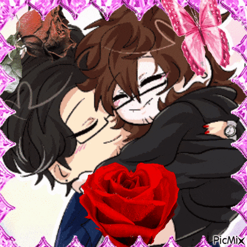 a cartoon of a man and a woman hugging with a red rose in the foreground