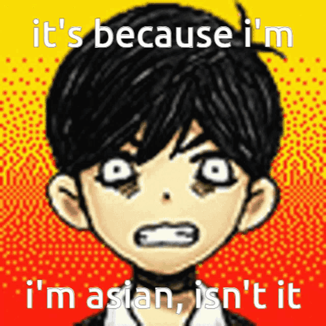 a picture of a boy with the words it 's because i 'm asian isn 't it