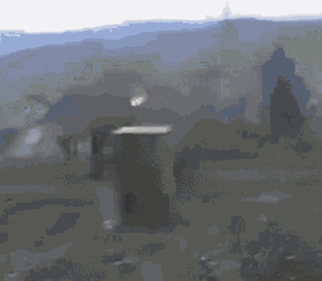 a painting of a landscape with a few trees in the foreground