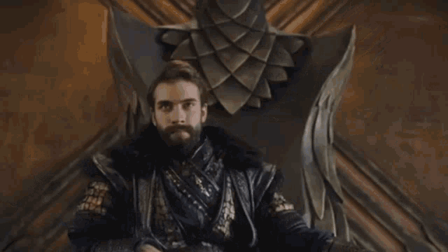 a man with a beard and a fur collar is sitting in front of a statue .