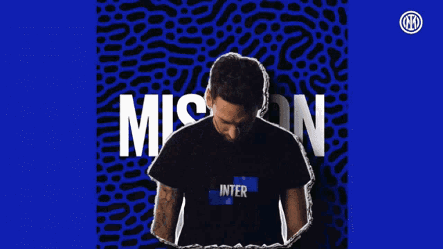 a man with a beard is on a blue and black striped background with the word mike in white letters