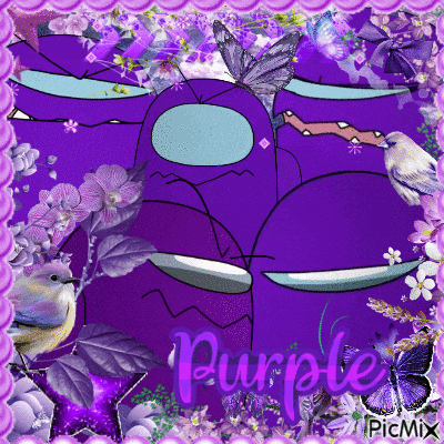a picture of purple among us characters surrounded by flowers and butterflies