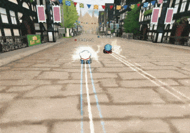a cartoon character is driving down a brick road in a video game with a sign that says ' kart world ' on it