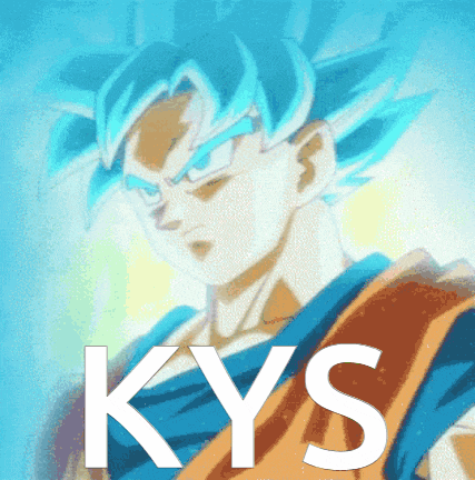 a picture of a man with blue hair and the word kys on it