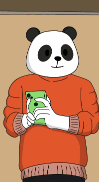 a cartoon panda bear wearing an orange sweater is holding a green cell phone