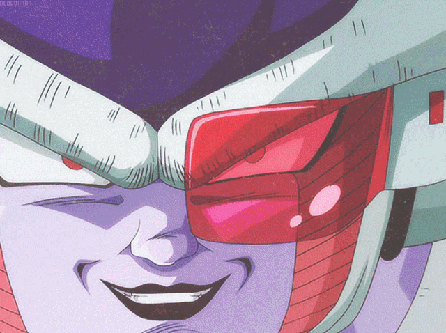 a close up of a cartoon character 's face with a red eye