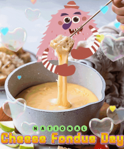 a cartoon of a monster dipping a piece of bread into a bowl of cheese fondue for national cheese fondue day