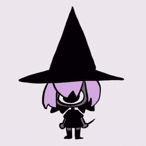 a cartoon of a witch with purple hair wearing a black hat