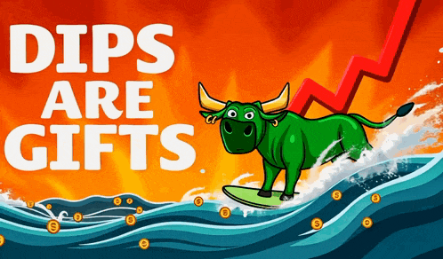 a bull is riding a wave on a surfboard with the words dips are gifts above it