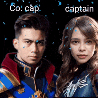 a man and a woman standing next to each other with the words co cap captain written on the bottom