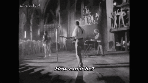 a black and white photo of a band with the words how can it be on the bottom