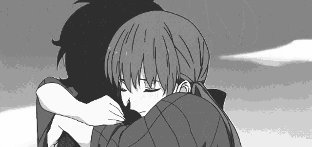 a black and white drawing of a boy and a girl hugging each other
