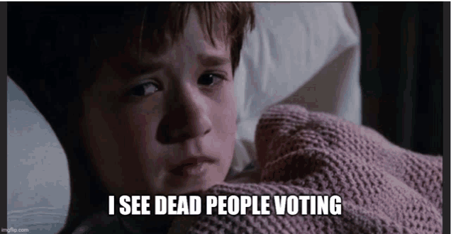 a young boy laying in bed with the words i see dead people voting written below him