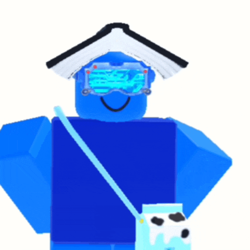 a blue robot with a book on top of his head and a milk carton