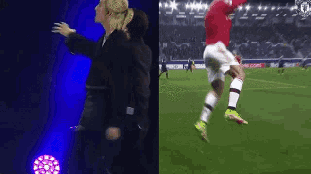 a man and a woman are dancing on a stage and a soccer player is running on the field .