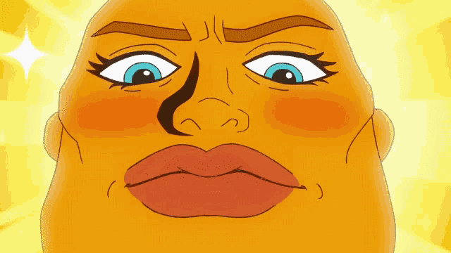 a cartoon drawing of a man with blue eyes and red lips