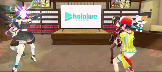 a group of anime characters are dancing in front of a hololive production logo