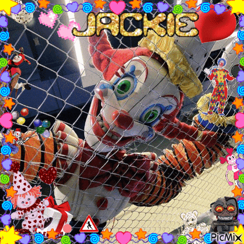 a clown behind a chain link fence with the name jackie