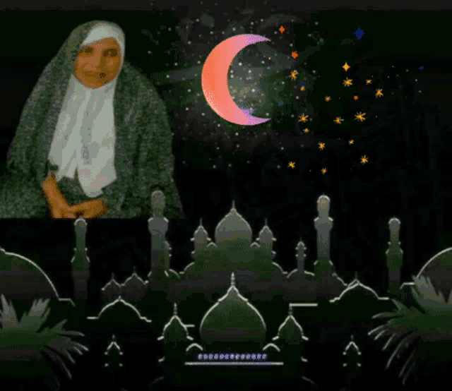 a woman in a hijab sits in front of a mosque with a crescent moon in the background