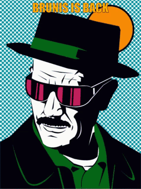 a poster of a man wearing sunglasses and a hat with the words brunis is back on it