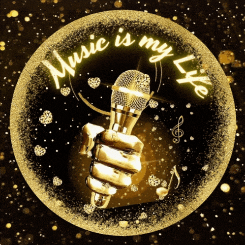 a hand holding a microphone with the words music is my life written around it
