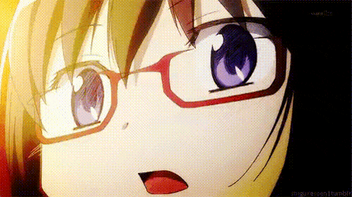 a close up of a girl wearing glasses with a red frame