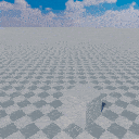 a computer generated image of a checkered floor with a blue sky in the background