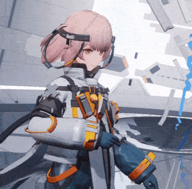 a girl with pink hair is wearing a headset and gloves