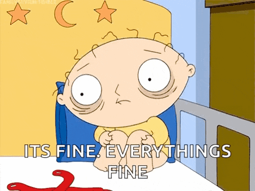 a cartoon character is sitting in a bed with the words " it 's fine everything 's fine "