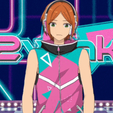 a girl wearing headphones is standing in front of a sign that says 2k