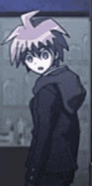 a cartoon character with purple hair and a hoodie is standing in front of a window .
