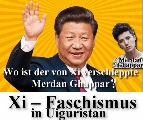 a poster with a picture of a man and the words xi-faschismus in uigulistan