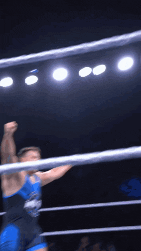 a wrestler in a blue and black outfit is standing in the ring with his fist in the air