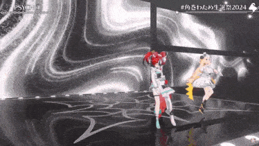 two anime girls are dancing on a stage with a sign that says psycho on it