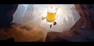 a mug of beer is flying through the air with mountains in the background