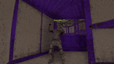 a man in a video game is standing in front of a purple wall and a sign that says fistashka on it
