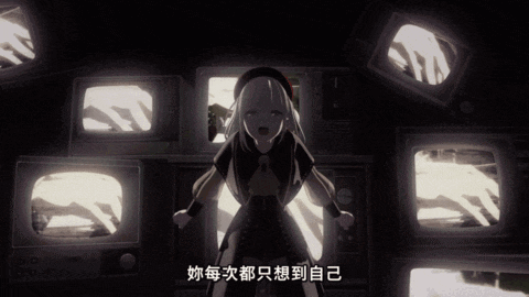 a girl stands in front of a wall of televisions with chinese writing on the bottom