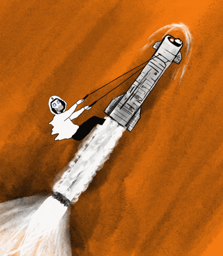 a drawing of a person riding on the back of a rocket with a rope attached to it