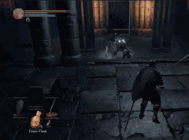 a screenshot of a video game with estus flask on the bottom right
