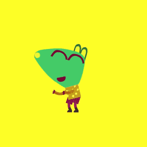 a cartoon frog with a green head and a yellow nose is dancing on a yellow background .