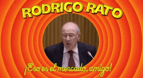 a man in a suit and tie is surrounded by orange circles and the words rodrigo rato
