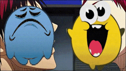 a cartoon character with a sad face and a smiley face