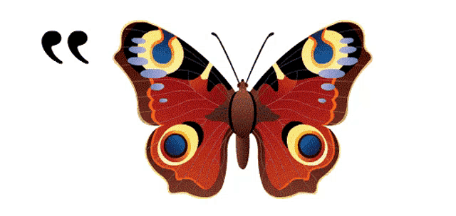 a colorful butterfly with a pair of quotation marks behind it