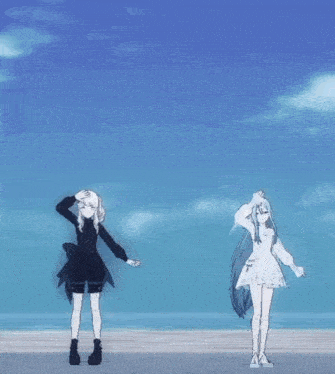 two anime girls are dancing on a beach with a blue sky behind them