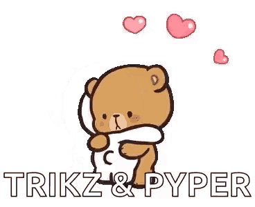 a cartoon teddy bear is hugging another teddy bear with hearts coming out of his head .