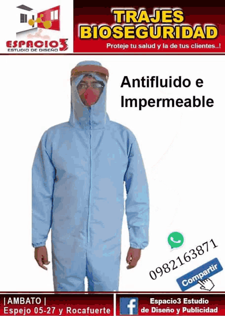 a poster for trajes bioseguridad shows a man wearing a mask and goggles
