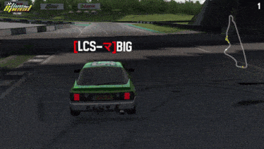 two cars are racing on a race track and one of them has lcs-r1big written on it